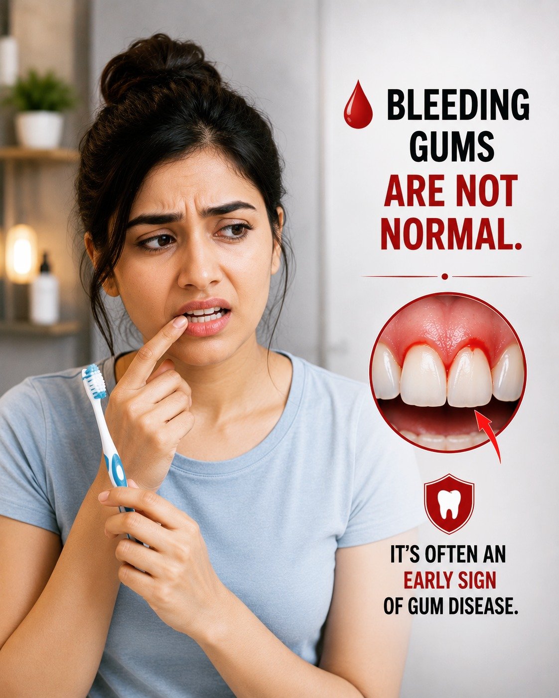 Bleeding Gums Are Not Normal!

🦷 Do your gums bleed while brushing or flossing?

Bleeding gums are often one of the first signs of gum disease and should never be ignored. Early treatment can help prevent gum recession, bad breath, loose teeth, and more serious dental problems.

✅ Schedule a dental check-up if you notice:
• Bleeding while brushing
• Swollen or red gums
• Persistent bad breath
• Tender gums
• Gum recession

📞 Book your appointment today and keep your smile healthy!

Bleeding gums, gum disease, gingivitis, periodontal disease, bleeding while brushing, swollen gums, dental checkup, oral health, healthy gums, gum infection, dental clinic, dentist near me, gum treatment, prevent gum disease, dental care, bad breath treatment, red gums, sensitive gums, teeth cleaning, scaling and polishing

#BleedingGums
#GumDisease
#HealthyGums
#OralHealth
#DentalCare
#Dentist
#DentalClinic
#Gingivitis
#PeriodontalDisease
#SmileCare
#HealthySmile
#PreventiveDentistry
#TeethCleaning
#Scaling
#DentalHealth
#OralHygiene
#DentalAwareness
#FamilyDentist
#SmileMore
#DentalTips