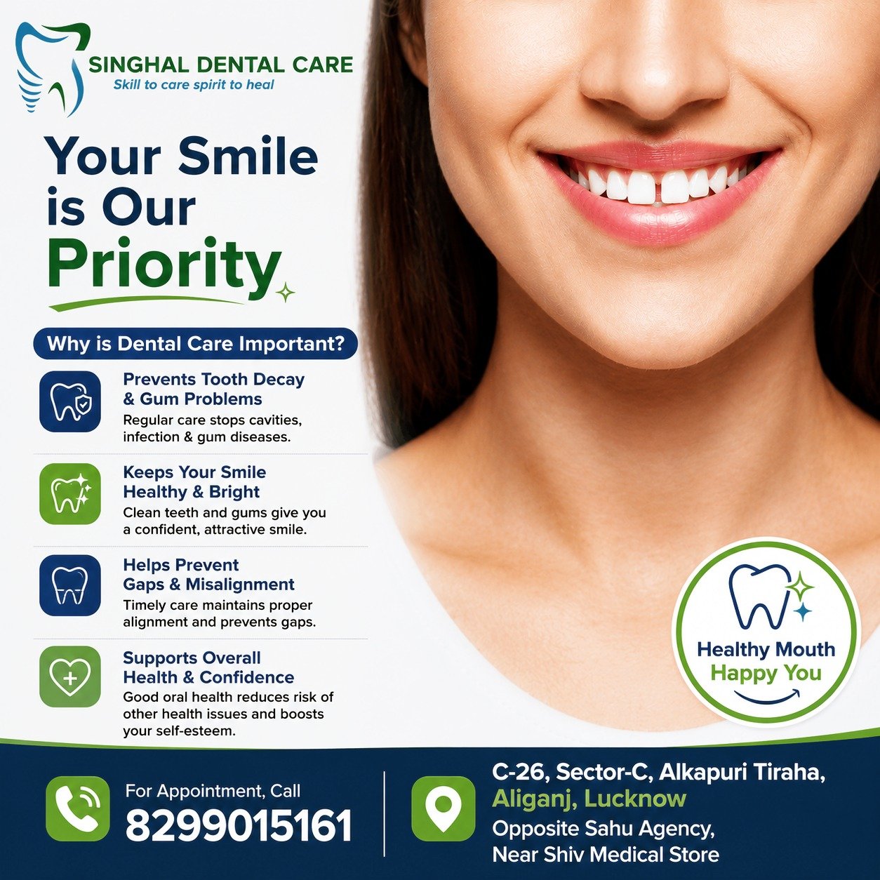 Say Goodbye to Gap Teeth | Diastema Correction at Singhal Dental Care

दांतों के बीच गैप आपकी मुस्कान और आत्मविश्वास को प्रभावित कर सकता है। अच्छी खबर यह है कि आधुनिक डेंटल उपचारों की मदद से गैप को आसानी से ठीक किया जा सकता है।

✅ Smile Makeover
✅ Composite Bonding
✅ Veneers
✅ Braces Treatment
✅ Clear Aligners

Singhal Dental Care में हम आपकी मुस्कान को प्राकृतिक और आकर्षक बनाने में मदद करते हैं।

📍 C-26, Sector-C, Alkapuri Tiraha, Aliganj, Lucknow
📞 8299015161

Gap Teeth Treatment Lucknow
Diastema Treatment Lucknow
Front Teeth Gap Correction
Teeth Gap Filling
Smile Makeover Lucknow
Cosmetic Dentistry Lucknow
Dental Veneers Lucknow
Composite Bonding Lucknow
Best Dentist in Aliganj
Smile Correction Treatment
Teeth Alignment Lucknow
Dental Clinic Aliganj Lucknow
Cosmetic Dentist Lucknow
Gap Between Front Teeth Treatment
Diastema Closure

#GapTeeth
#Diastema
#SmileMakeover
#CosmeticDentistry
#DentalCare
#DentalClinic
#Dentist
#LucknowDentist
#LucknowDentalClinic
#AliganjLucknow
#DentistInLucknow
#DentalCareLucknow
#SinghalDentalCare
#HealthySmile
#SmileTransformation
#PerfectSmile
#TeethCare
#OralHealth
#SmileGoals
#DentalTreatment
#SmileDesign
#DentalHealth
#confidencesmile