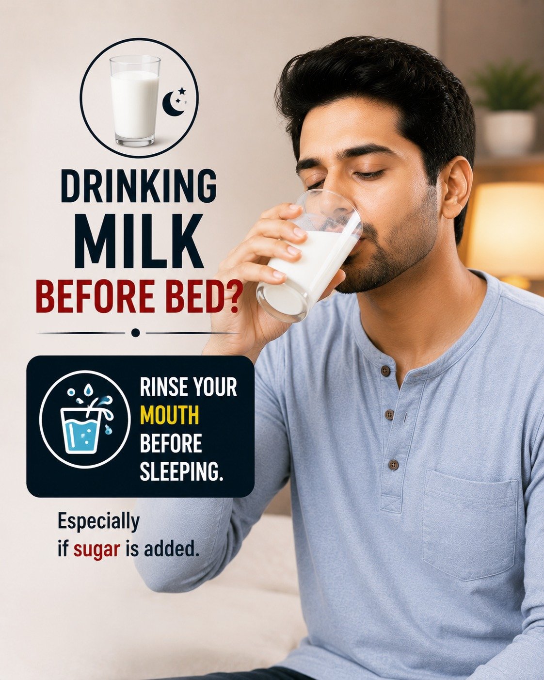 Drink Milk at Night? Don’t Forget to Rinse Your Mouth Before Sleeping
 
Drinking milk before bed can be part of a healthy routine, but milk sugars may remain on teeth overnight. Rinse your mouth with water before sleeping to help reduce the risk of cavities and maintain better oral hygiene.

🥛 Love drinking milk before bedtime?

Milk is healthy, but the natural sugars in milk can stay on your teeth while you sleep.

✅ Rinse your mouth with water before bed.

This simple habit can help protect your teeth and support better oral health.

📍Singhal Dental Care Clinic, Aliganj, Lucknow
📞 8299015161

healthy teeth habits
rinse mouth after milk
dental tips Lucknow
teeth care before sleep
night oral care routine
prevent tooth decay
family dental care
dentist in Aliganj Lucknow
Singhal Dental Care Clinic
oral health awareness

#DentalTips
#OralHealth
#HealthyTeeth
#DentalCare
#ToothCare
#NightRoutine
#BedtimeHabits
#MilkBeforeBed
#CavityPrevention
#SmileCare
#DentistLucknow
#LucknowDentist
#aliganjlucknow 
#SinghalDentalCare
#dentalawareness