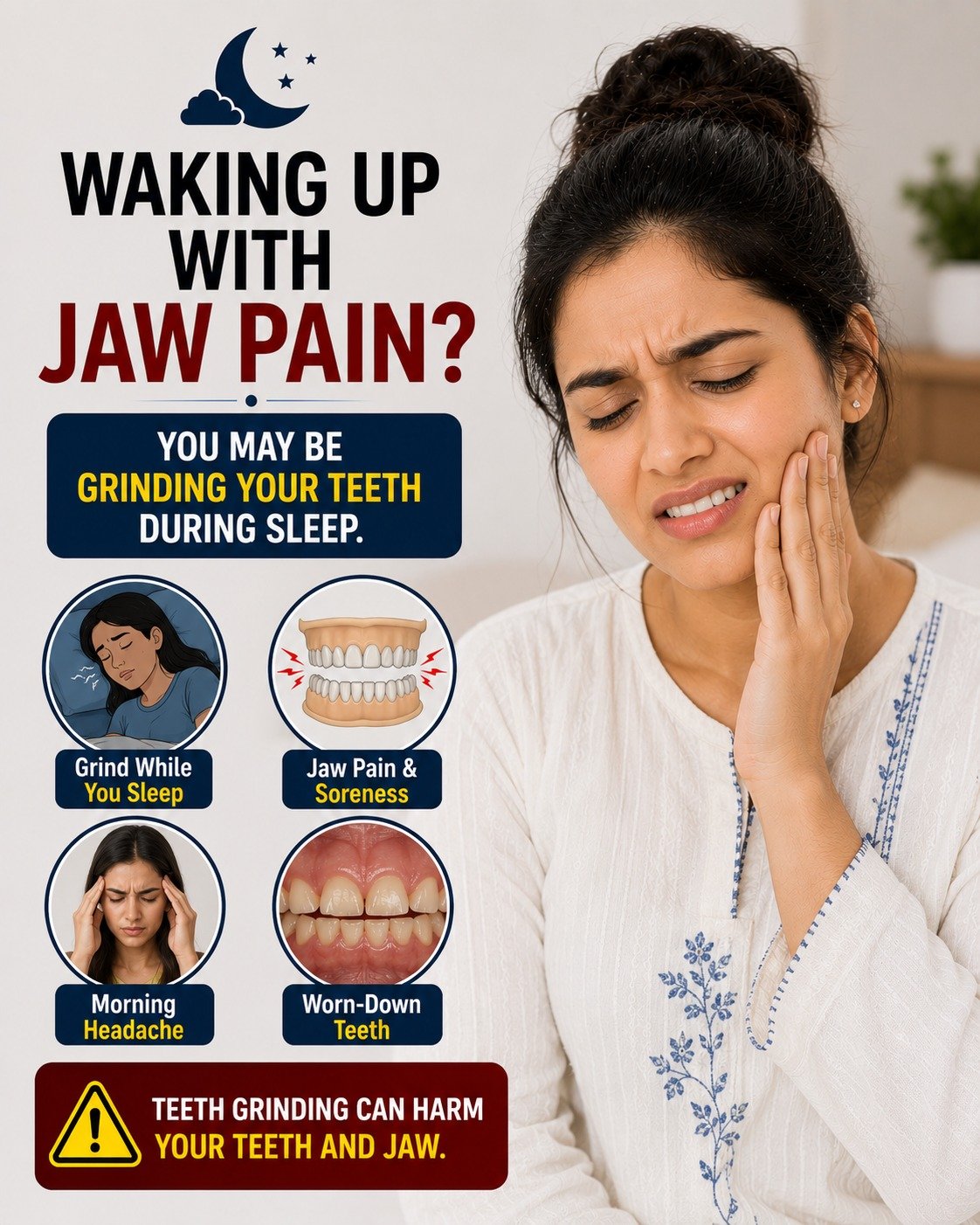 Jaw Pain After Sleeping? Protect Your Teeth From Night Grinding

Do you wake up with jaw pain, headaches, or sensitive teeth? You may be grinding your teeth during sleep, a condition known as bruxism. Night-time teeth grinding can cause jaw soreness, worn-down teeth, headaches, and long-term dental damage. Visit Singhal Dental Care, Aliganj, Lucknow, for expert diagnosis and treatment to protect your smile and oral health.

📍 Visit Singhal Dental Care, Aliganj, Lucknow for a complete dental evaluation and personalized treatment.

📞 Call: 8299015161

teeth grinding during sleep, bruxism treatment, jaw pain after sleeping, morning headache causes, jaw soreness treatment, worn down teeth, night guard for teeth grinding, dental clinic in Lucknow, bruxism symptoms, sleep teeth grinding, jaw pain dentist, oral health tips, Singhal Dental Care, Aliganj dental clinic, teeth grinding solutions

#TeethGrinding #Bruxism #JawPain #MorningHeadache #DentalCare #HealthySmile #OralHealth #Dentist #DentalTips #SmileCare #TeethProtection #JawSoreness #NightGrinding #LucknowDentist #SinghalDentalCare #AliganjLucknow #DentalAwareness #PreventiveDentistry #HealthyTeeth #dentalhealth