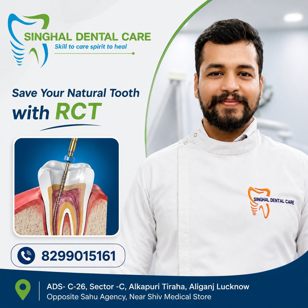 Save Your Tooth with Advanced RCT at Singhal Dental Care

Experiencing tooth pain or sensitivity? Save your natural tooth with advanced Root Canal Treatment (RCT) at Singhal Dental Care, Aliganj, Lucknow. Our modern, painless RCT procedures help eliminate infection, relieve pain, and restore your smile. Book your appointment today at 8299015161. Located at C-26, Sector-C, Alkapuri Tiraha, Aliganj, Lucknow. 

📍 Singhal Dental Care
C-26, Sector-C, Alkapuri Tiraha, Aliganj, Lucknow
(Opposite Sahu Agency, Near Shiv Medical Store)

📞 Call Now: 8299015161

Root Canal Treatment Lucknow, RCT in Lucknow, Best Dentist in Aliganj, Painless RCT, Dental Clinic Lucknow, Tooth Pain Treatment, Root Canal Specialist, Save Natural Tooth, Endodontic Treatment, Dental Care Lucknow, Singhal Dental Care, Tooth Infection Treatment, Dental Clinic Aliganj, RCT Near Me, Affordable Root Canal Treatment

#RootCanalTreatment #RCT #DentalCare #SinghalDentalCare #LucknowDentist #AliganjLucknow #ToothPainRelief #PainlessRCT #DentalClinic #HealthySmile #SaveYourTooth #Endodontics #DentistNearMe #OralHealth #SmileCare #Lucknow #DentalTreatment #ToothInfection #BestDentist #DentalHealth
