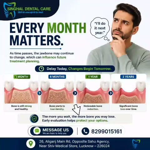 Missing Tooth? Learn Why Early Dental Implant Consultation Matters

🦷 A missing tooth is more than an empty space.

What happens next can affect your smile, chewing, and future treatment options.

Benefits of Dental Implants

✅ Natural appearance

✅ Comfortable chewing

✅ Fixed replacement

✅ Helps maintain oral function

✅ Long-term smile confidence

📍 Singhal Dental Care
26, Aliganj Main Road, Opposite Sahu Agency, Near Shiv Medical Store, Lucknow – 226024

📞 Call / WhatsApp: 8299015161

Dental Implants Lucknow
Missing Teeth Treatment
Missing Tooth Replacement
Tooth Replacement Lucknow
Implant Dentist Lucknow
Dental Implant Clinic
Permanent Tooth Replacement
Single Tooth Implant
Best Dentist Lucknow
Dental Implant Consultation

Dental Implant Aliganj
Implant Dentist Lucknow
Tooth Replacement Lucknow
Missing Teeth Treatment Lucknow
Best Dental Clinic Aliganj
Dental Implant Near Me
Singhal Dental Care Lucknow

#DentalImplants #MissingTeeth #ToothReplacement #SmileRestoration #ImplantDentistry #HealthySmile #PermanentTeeth#DentalImplantsLucknow #LucknowDentist #AliganjLucknow #DentalClinicLucknow #SinghalDentalCare #TrustedDentalCare #DentalAwareness #SmileWithConfidence #ImplantJourney #HealthyTeeth#ImplantDentistLucknow