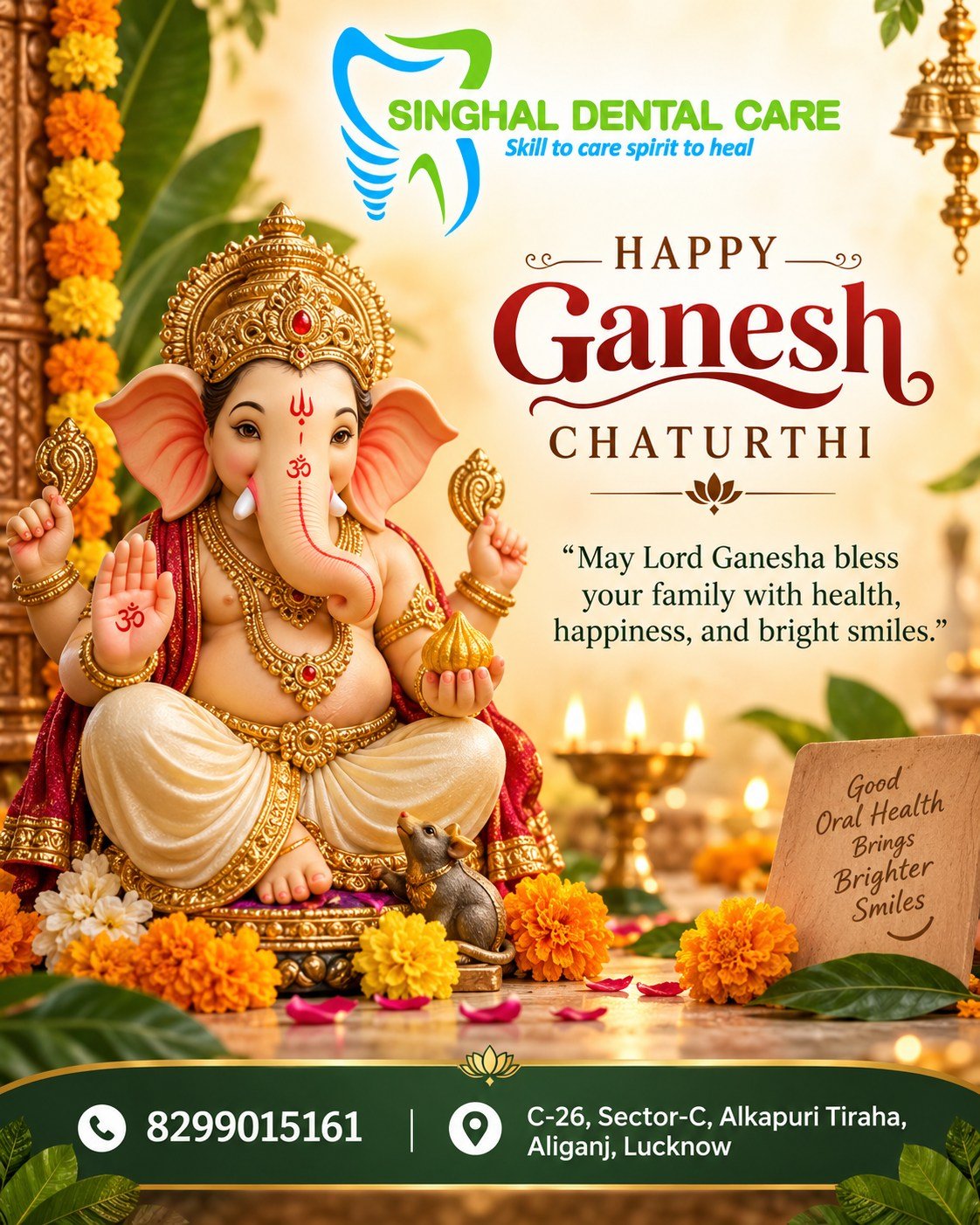 Ganesh Chaturthi पर Healthy & Bright Smiles की शुभकामनाएं

इस Ganesh Chaturthi, भगवान गणेश आपके परिवार को स्वास्थ्य, खुशियां और bright smiles का आशीर्वाद दें। Good oral health से smile brighter और confidence बेहतर feel हो सकता है। अपने और परिवार की dental care को priority दें.

Happy Ganesh Chaturthi, Ganesh Chaturthi wishes, Lord Ganesha blessings, festival greetings, family health, happiness and health, bright smiles, healthy smiles, oral health awareness, good oral health, smile care, dental care awareness, family smile care, teeth care, festive dental post

#GaneshChaturthi, #HappyGaneshChaturthi, #LordGanesha, #GanpatiBappa, #GanpatiBlessings, #FestivalWishes, #FamilyHealth, #HealthySmiles, #BrightSmiles, #SmileCare, #OralHealth, #GoodOralHealth, #DentalAwareness, #TeethCare, #FestivalPost